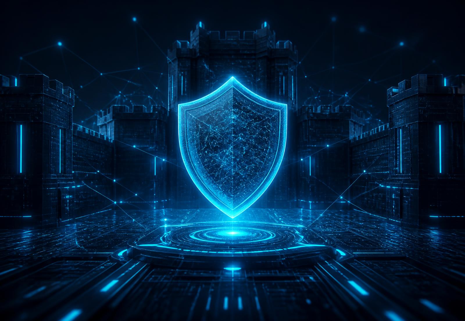 Holographic cyber security shield protecting a digital fortress